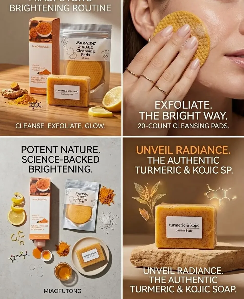 MIAOFUTONG Turmeric + Kojic Brightening Set Cleanser Pads Soap, Vit C